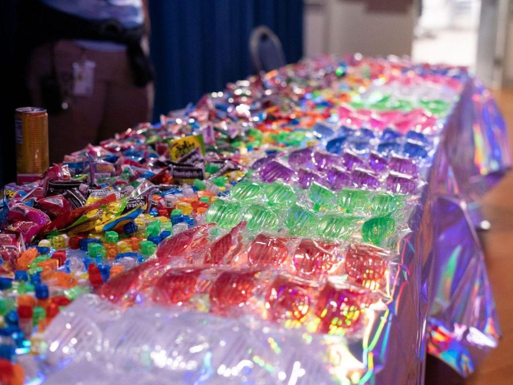 a table covered in giveaway items