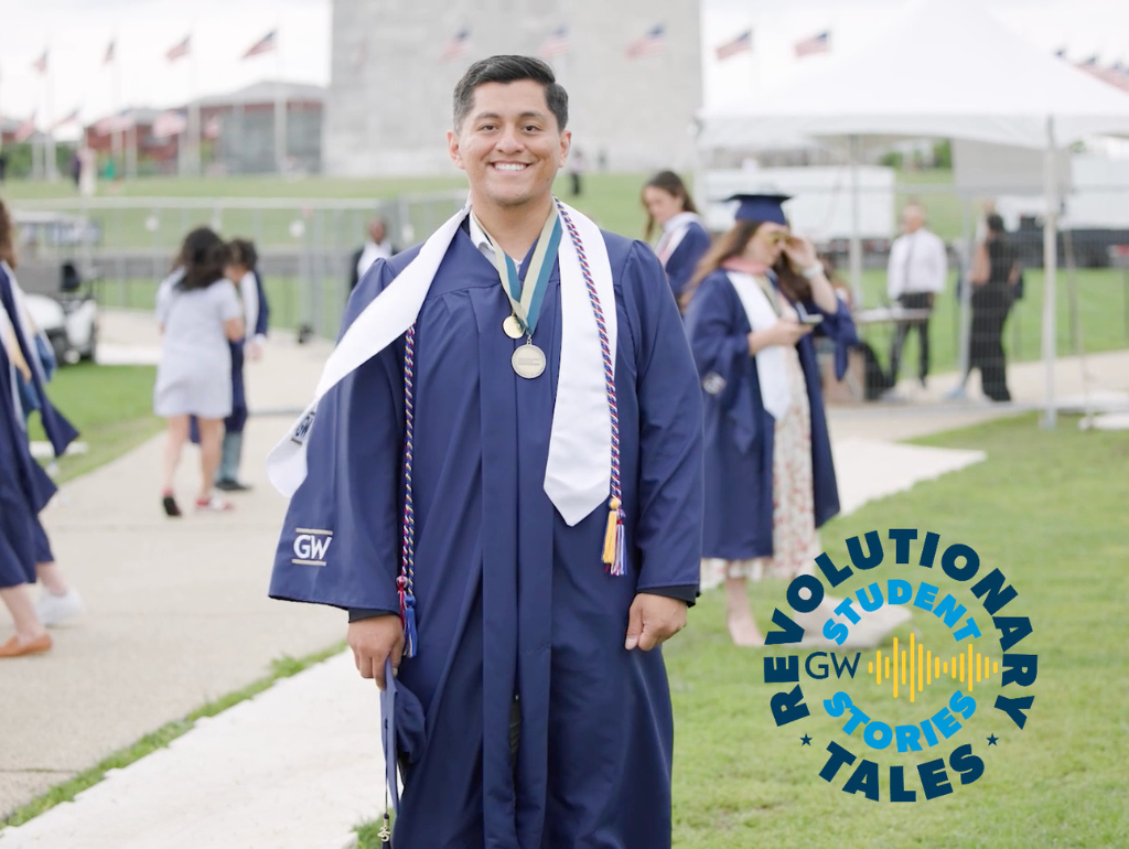 Reggie Jaramillo stands in front of the Washington Monument for Commencement 2025