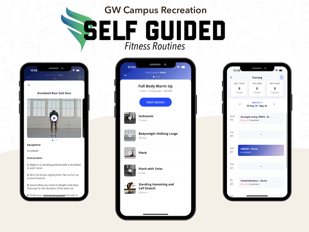 Screens from the self-guided fitness routines app