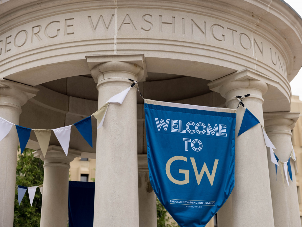 Kogan tempietto with "welcome to GW" banner