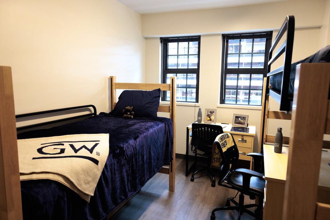 dorm room with GW decor