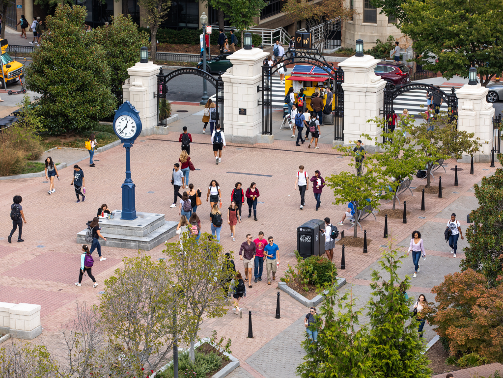 Overhead shot of Kogan Plaza with students walking through
