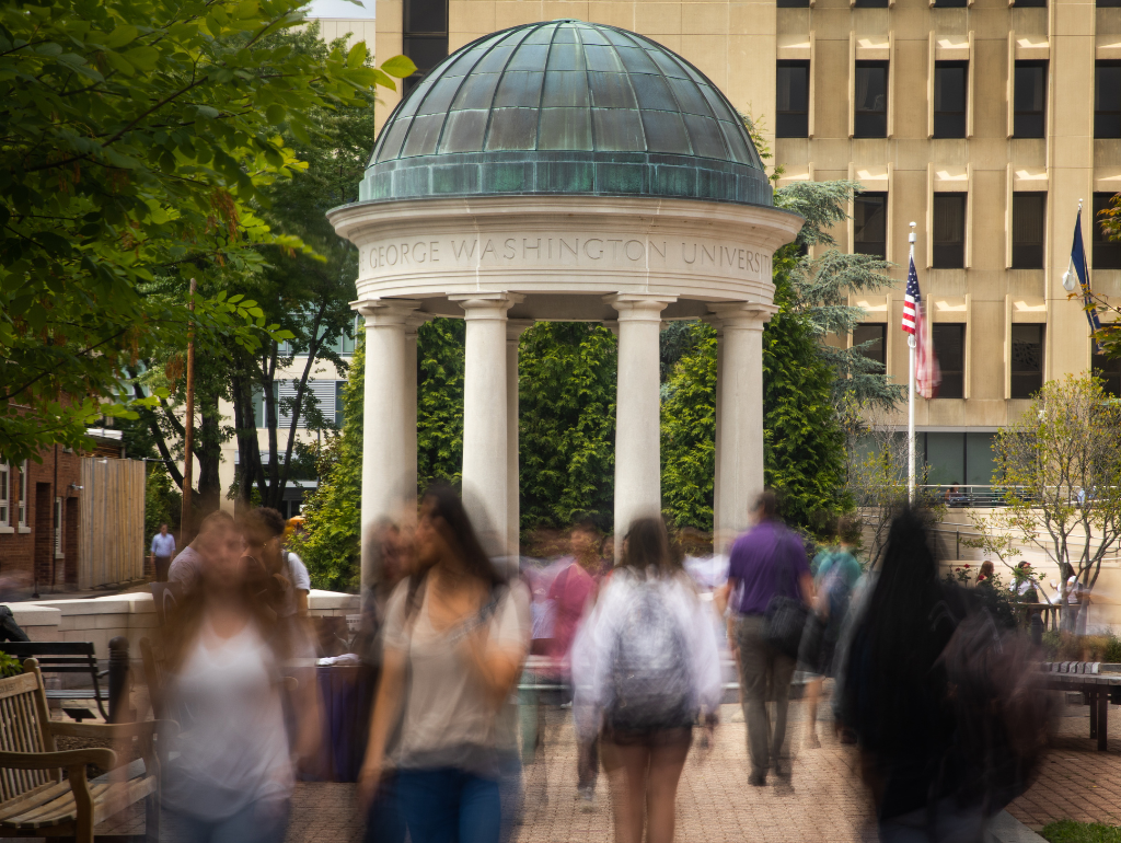 Tempietto in Kogan Plaza, with students walking to class