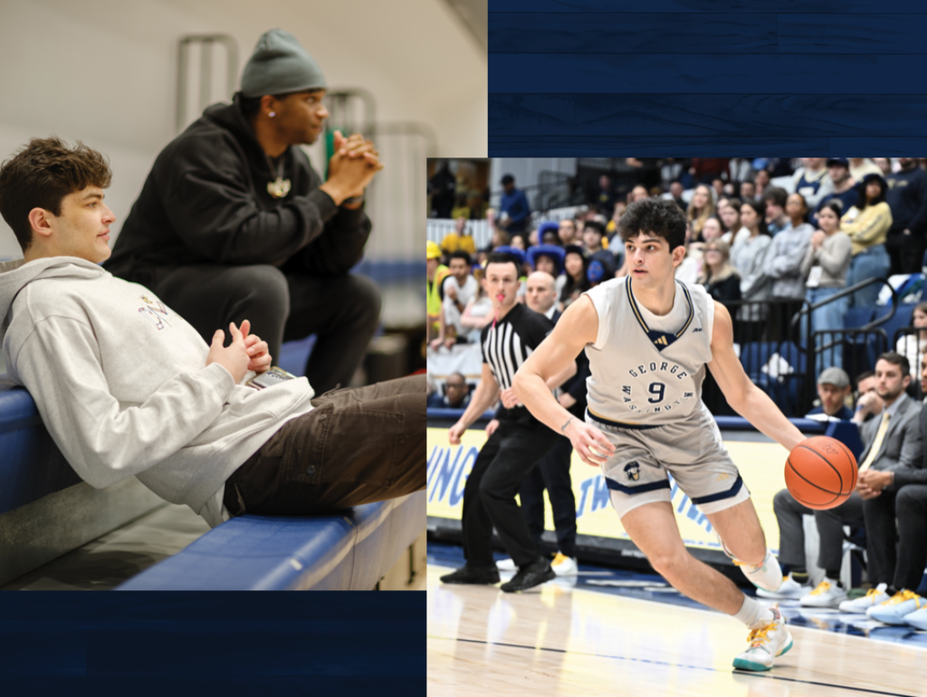 Garret Johnson sitting on the sidelines; dribbling a basketball at a home GW game