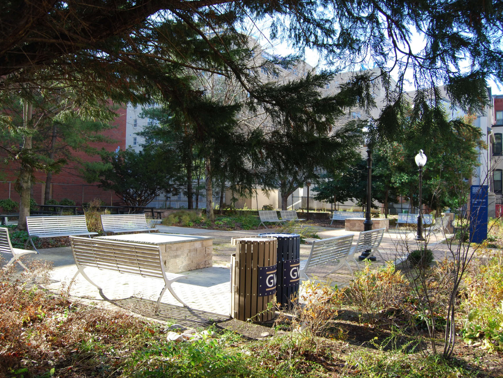Bench seating on the patio area of Anniversary Park