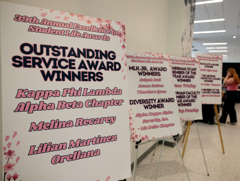 Large signs posted in the USC Great Hall; first sign title reads "39th annual Excellence in Student Life Awards: Outstanding Service Award Winners"