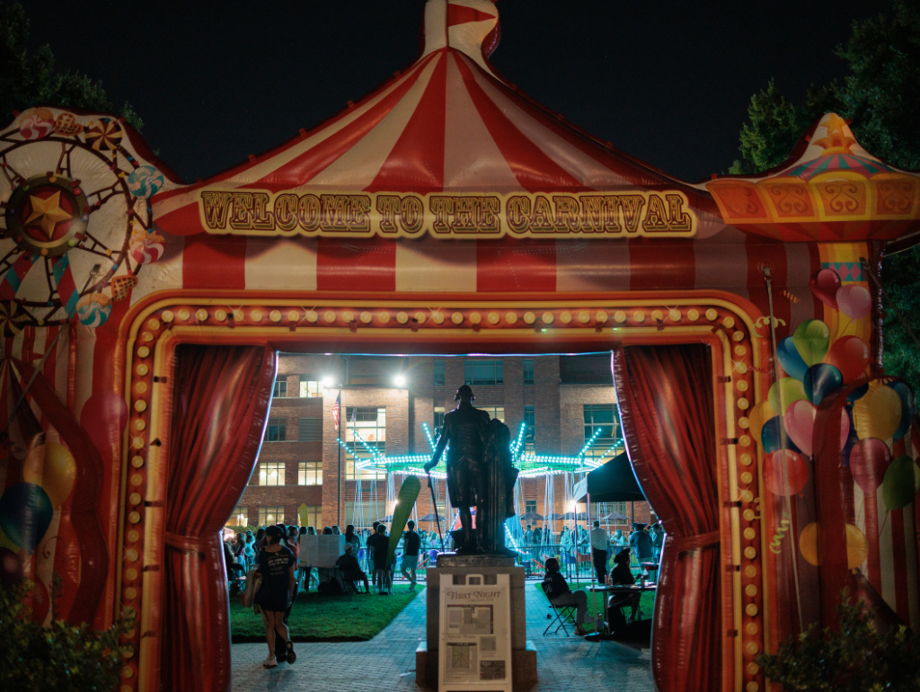 Inflatable carnival tent set up outside the George Statue on University Yard