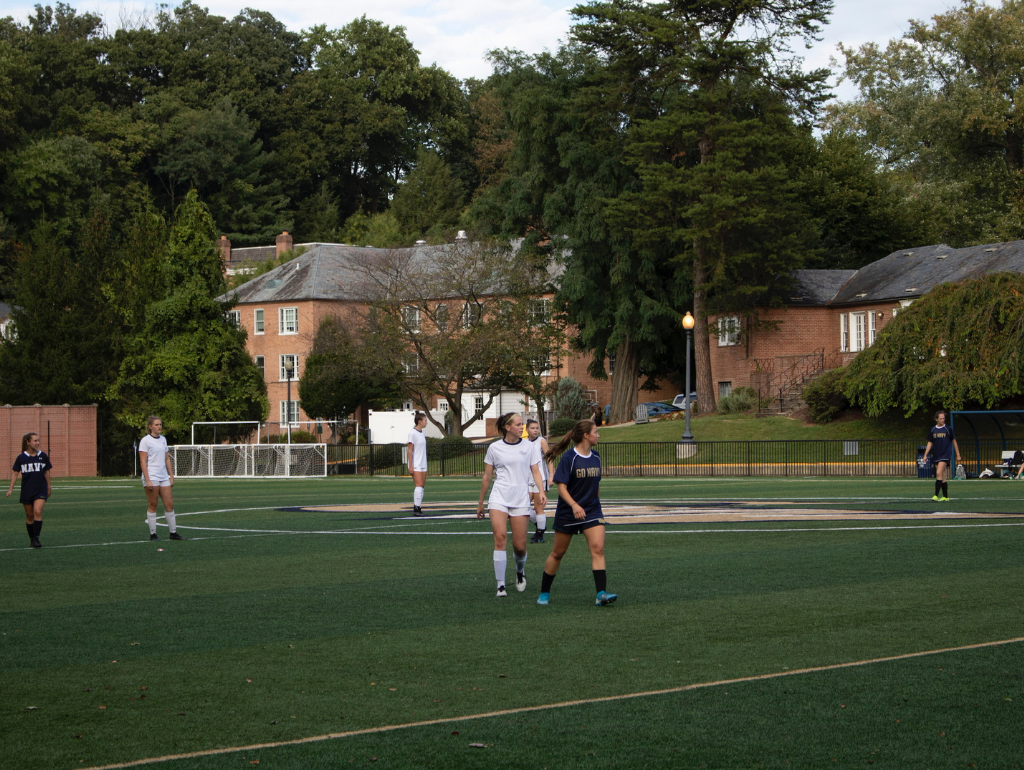 GW Club Women's Soccer team playing a game on the Vern soccer field