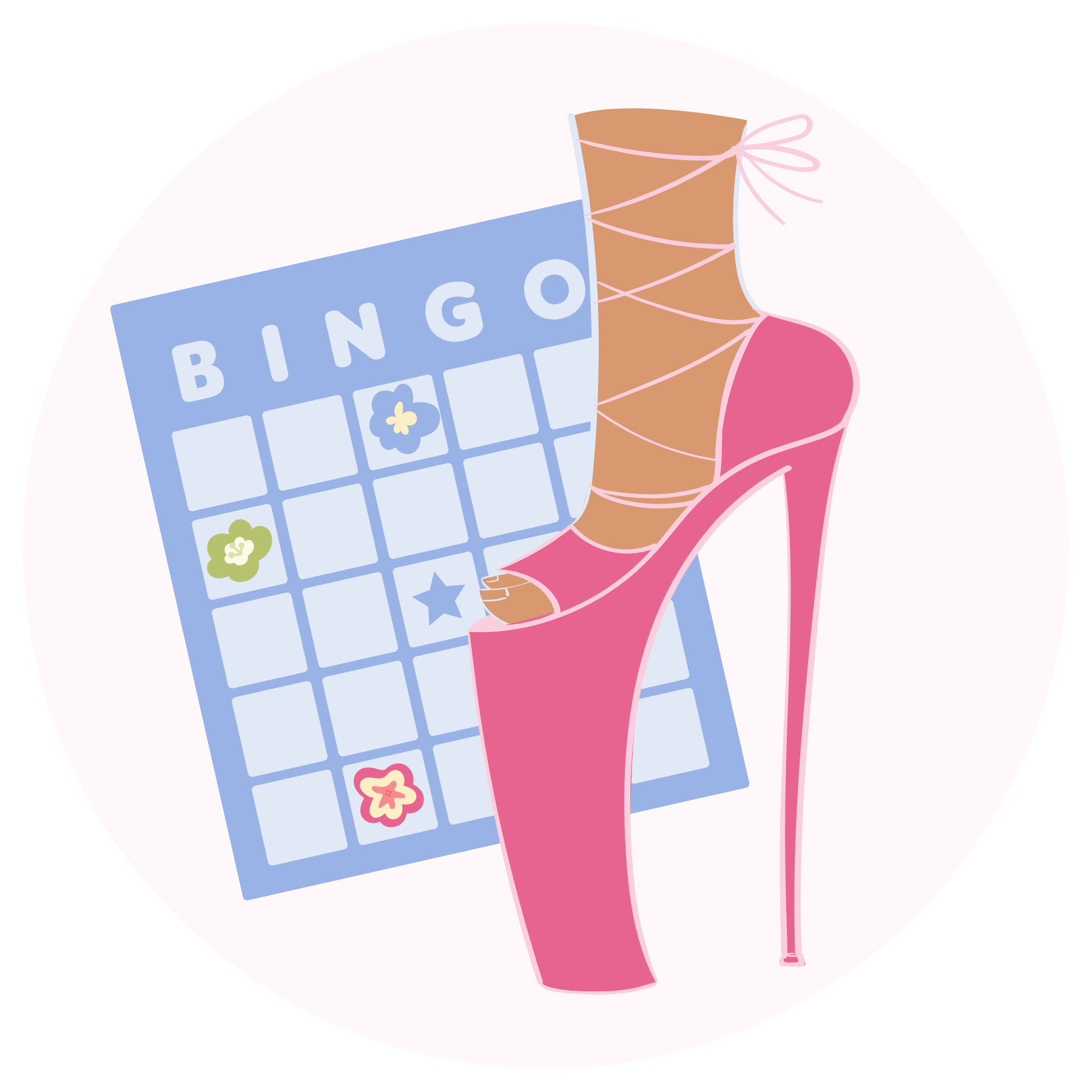 A stylized illustration of a pink high-heeled platform shoe with crisscrossing laces up the ankle. The shoe is in the foreground and positioned to the right. Behind the shoe is a blue bingo card with a grid and the word "BINGO" at the top. Within the bingo grid are small floral icons and a star shape.