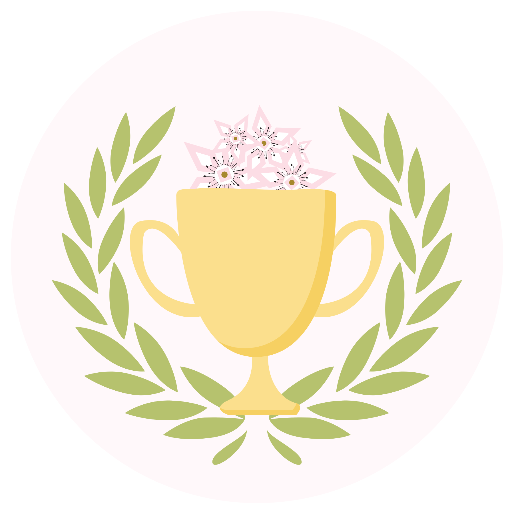 A stylized illustration of a gold trophy with two handles. The trophy is centered within a circular frame and is adorned with small pink flowers that emerge from the opening at the top. Surrounding the trophy is a symmetrical laurel wreath composed of light green leaves, adding a sense of achievement and honor. The background is a soft, pale pink circle that complements the light colors in the illustration.